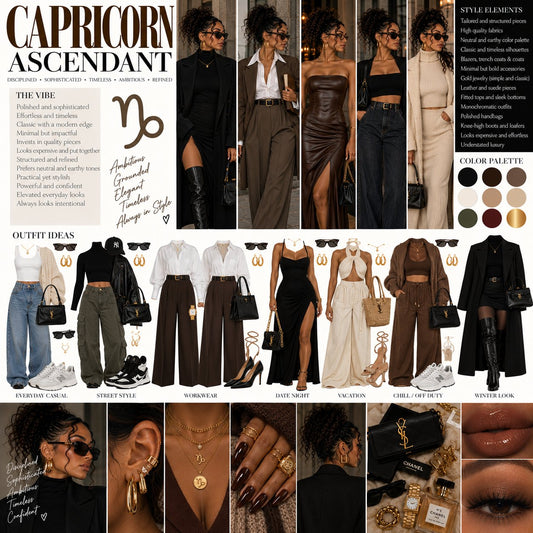 Capricorn Ascendant style board: tailored, monochrome, quiet luxury outfit inspiration