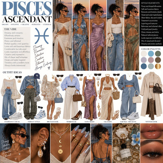 Pisces Ascendant style board, dreamy, romantic, ethereal outfit inspiration